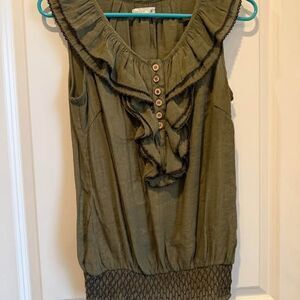 mine... Olive Green Ruffle Sleeveless Top Small with Smocked Hem